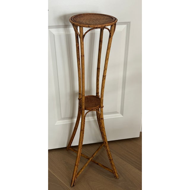 Wood Vintage Palm Beach Style Rattan & Bamboo Two-Tiered Plant Stand For Sale - Image 7 of 9