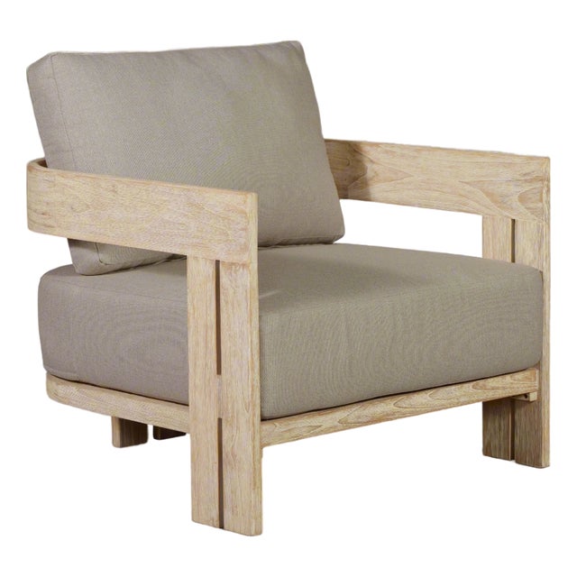 Paradiso Outdoor Solid Teak Wood Chair Natural Look - Gray Fabric For Sale