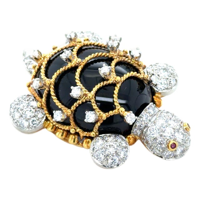 Vintage Hammerman Brothers Diamond and Onyx Turtle Brooch, 18k Gold and Platinum For Sale