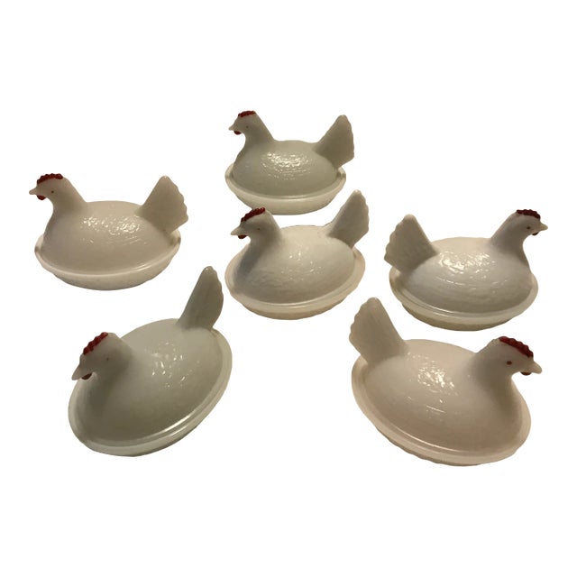 1930s Indiana Milk Glass Hen on Nest Serving Bowls- Set of 6 For Sale