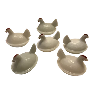 1930s Indiana Milk Glass Hen on Nest Serving Bowls- Set of 6
