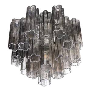 Modernist Smoked Glass Multi-Tier Stepped Tronchi Chandelier W/ Chrome Fittings