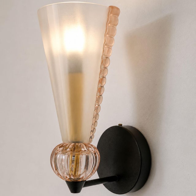 Barovier & Toso Mid 20th Century Mid-Century Modern Pink Sconces Murano Glass Wall Lights Attributed to Barovier & Toso - Pair For Sale - Image 4 of 13