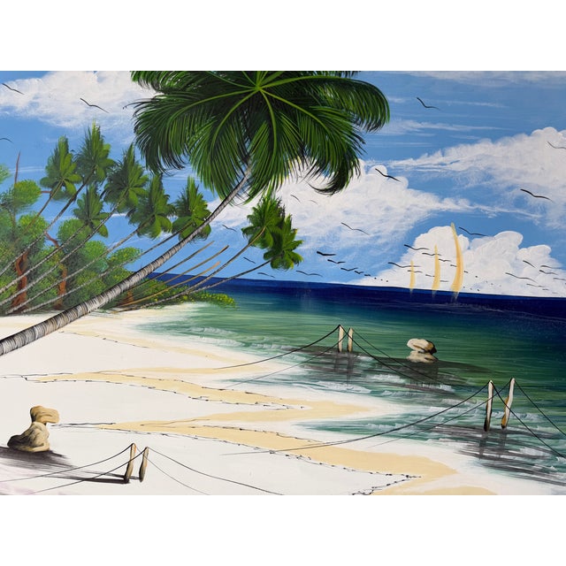 1980s Large Vintage Haitian Coastal Tropical Impressionist Oil on Canvas Painting – Framed For Sale - Image 5 of 13