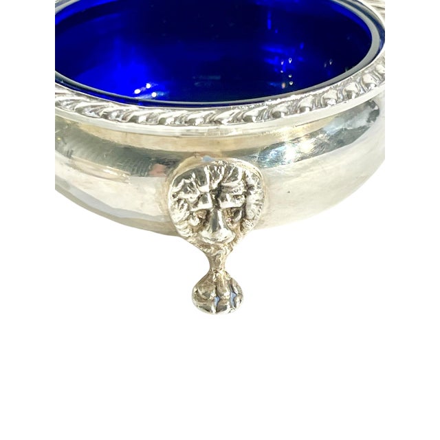 Metal Antique Silver Plate and Cobalt Glass Salt Cellars With Lion Paw Feet - a Pair For Sale - Image 7 of 11