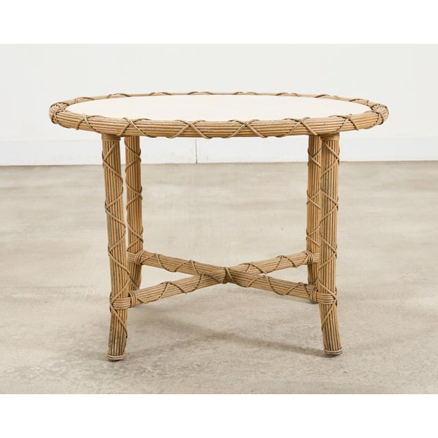 Wood Pair of Danny Ho Fong Organic Modern Rattan Marble Tables For Sale - Image 7 of 18