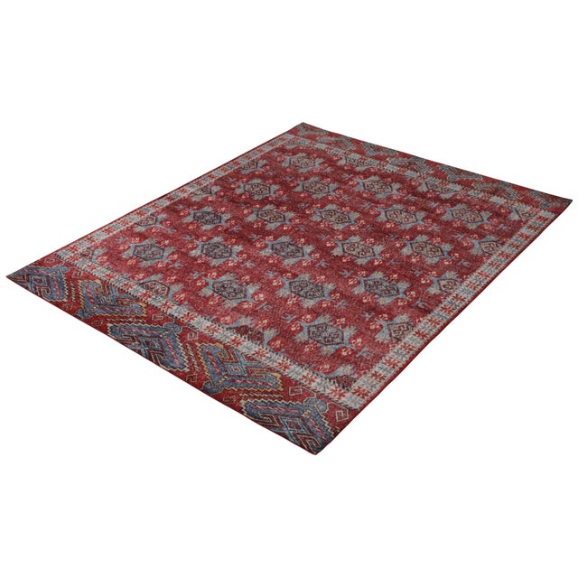 Rug & Kilim Rug & Kilim’s Distressed Classic Style Rug in Red and Blue Geometric Pattern For Sale - Image 4 of 5