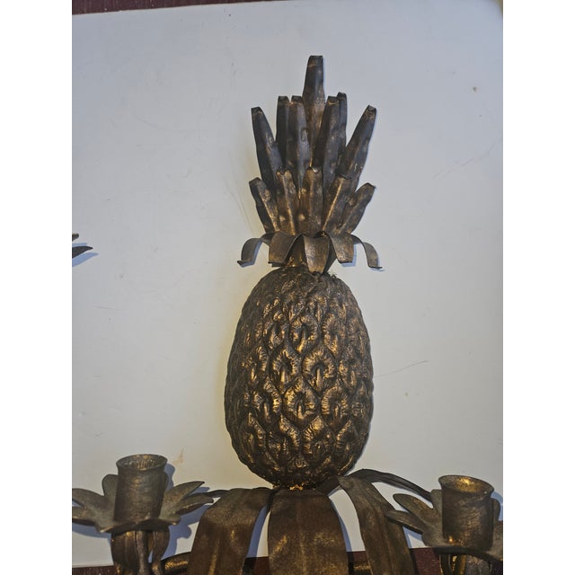 Dark Burnished Gold Four Arm Tole Pineapple Sconces - A Pair For Sale - Image 4 of 5