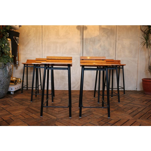 Set of Six Mid-Century Modern Oak & Steel Bar Stools, 1960s For Sale - Image 4 of 18