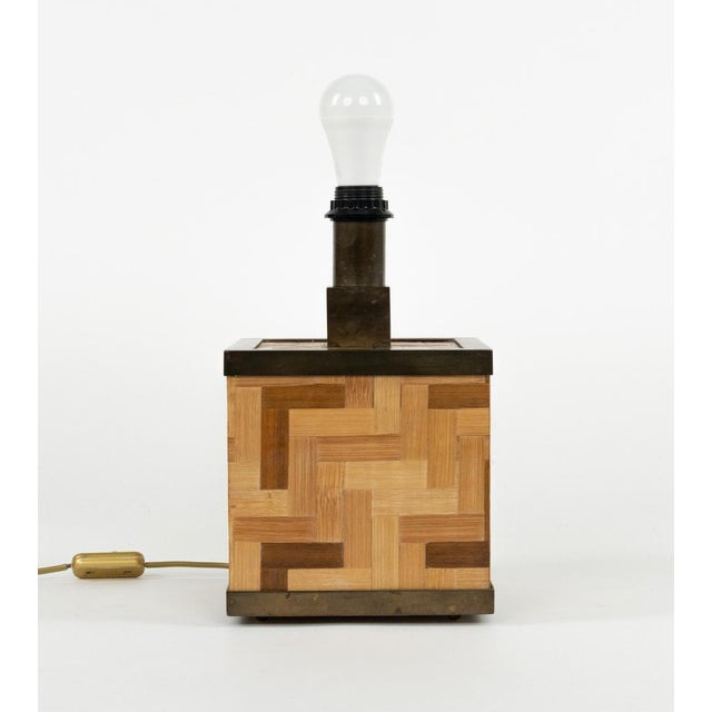 Wood Mid-Century Bamboo and Brass Table Lamp attributed to Tommaso Barbi, Italy, 1970s For Sale - Image 7 of 13