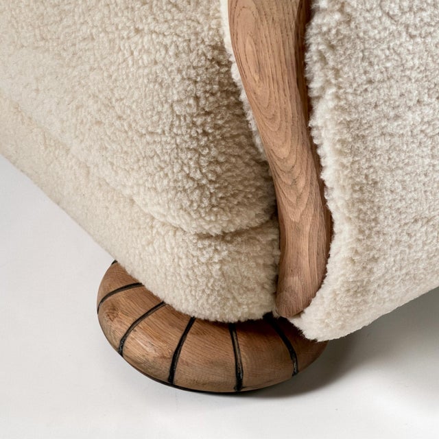 Art Deco Danish Scallop Back Oak and Sherpa Wool Armchairs, 1930s, Set of 2 For Sale - Image 6 of 13