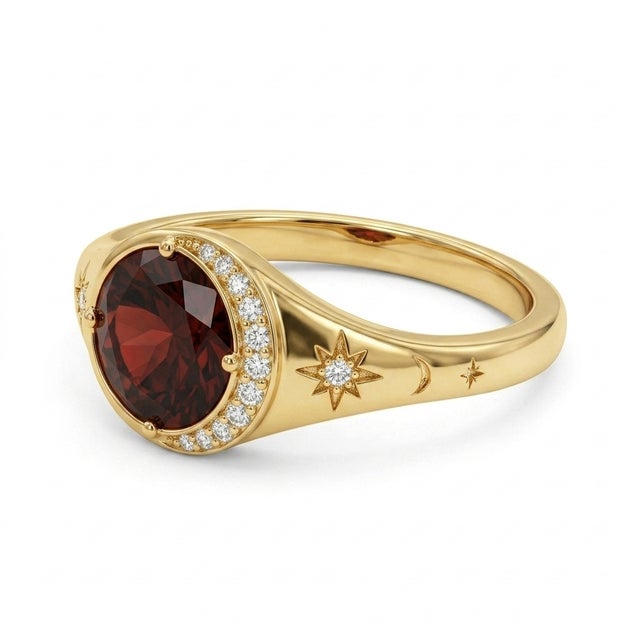 Capture the magic of the night sky with this enchanting celestial signet ring. Anchored by a brilliant, round-cut natural...