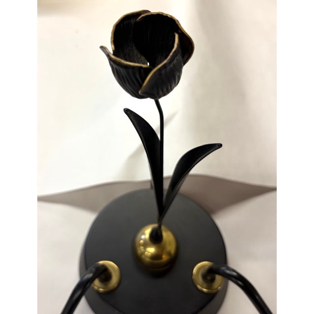 Mid Century Brass Desk Lamp in Black Finish - Center Tulip Flower Motif For Sale - Image 4 of 12