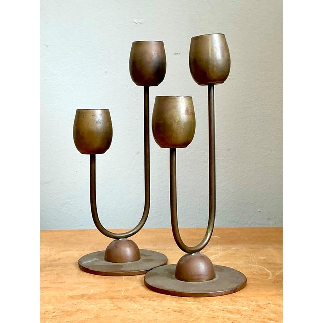 Vintage Brass Modernist Candlesticks - A Pair For Sale - Image 13 of 15