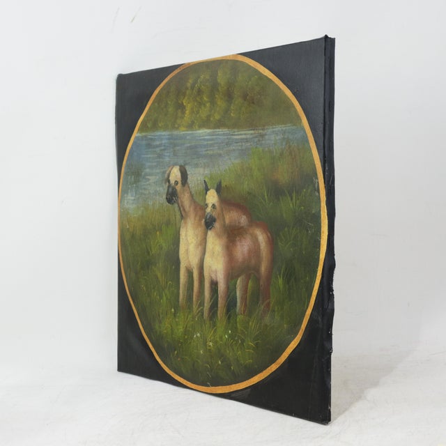 Folk Art Vintage Hand Painted Folk Art Dog Portrait Circular Oil Painting on Canvas With Pastoral Landscape For Sale - Image 3 of 10