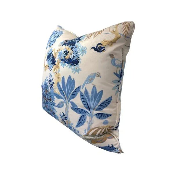 Chinoiserie Pair of 22'' Thibaut Chinoiserie-Inspired Blue & Gold Scenic Throw Pillows For Sale - Image 3 of 7