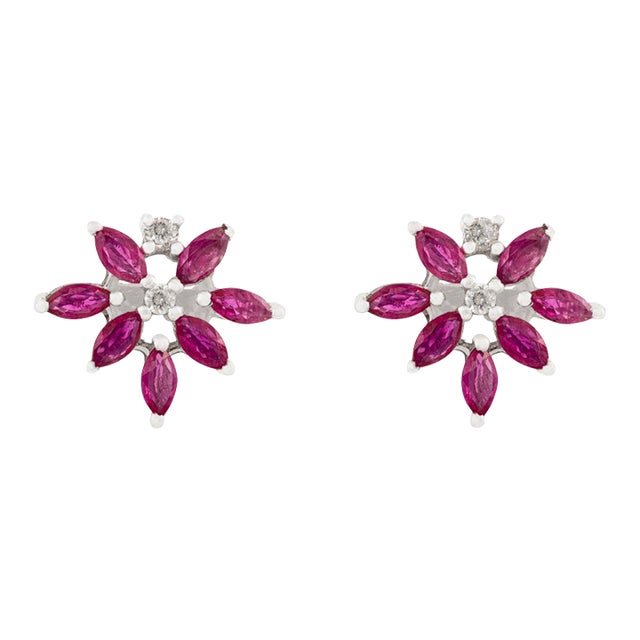 Vintage-Style Sterling Silver Marquise Cut Ruby Diamond Flower Earrings- 2 Pieces For Sale