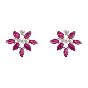 Vintage-Style Sterling Silver Marquise Cut Ruby Diamond Flower Earrings- 2 Pieces