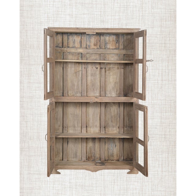 French Provincial Vintage Indian Glass Armoire | Antique Bleached Wood Cabinet | Wabi Sabi Display Cabinet | Rustic Home Decor For Sale - Image 3 of 6