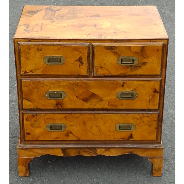 Campaign Mid 20th Century Burl Olivewood Italian Campaign Style Petite Four-Drawer Chest For Sale - Image 3 of 11