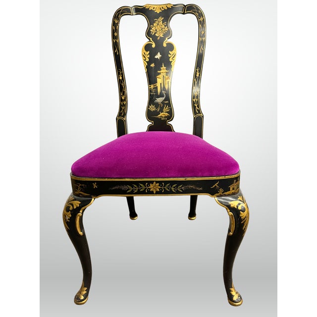 Black Kindel Queen Anne Hand Painted Chinoiserie Chairs Set of 6 Fuschia Velvet For Sale - Image 8 of 13