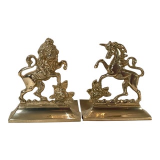 Neoclassical Brass Bookends With Lion and Unicorn For Sale