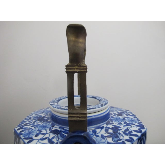 Blue Chinese Blue & White Porcelain Bird & Flower Octagonal Teapot With Brass Handle For Sale - Image 8 of 9