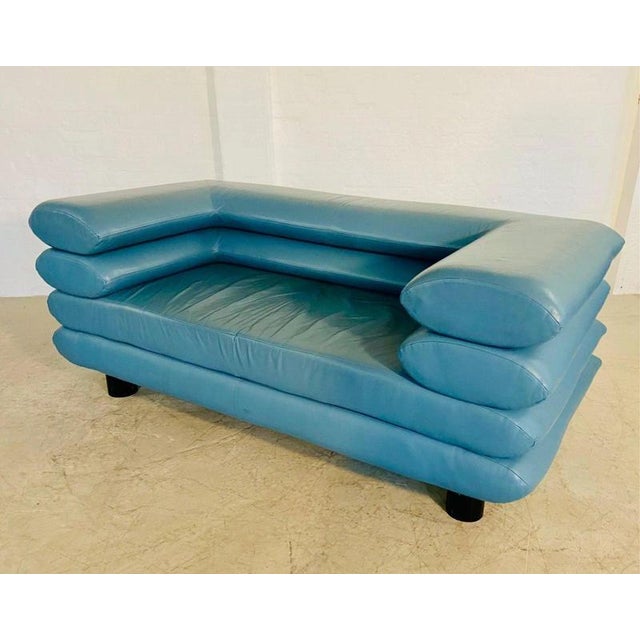 Metal Vintage Postmodern Swedish Turquoise Leather Stacked Sofa, 1980 For Sale - Image 7 of 18