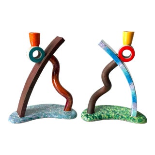 Pair of Memphis Studio Ceramic Candlestick Holders, Signed 1991 For Sale