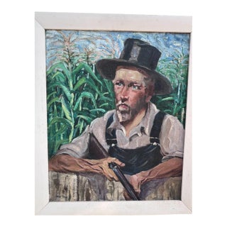 Early 20th Century American Oil Painting of a Farmer Waiting in a Corn Field. For Sale