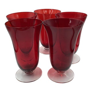 Vintage Red Crystal Fluted Top Water Wine Goblets Glasses- Set of 5 For Sale