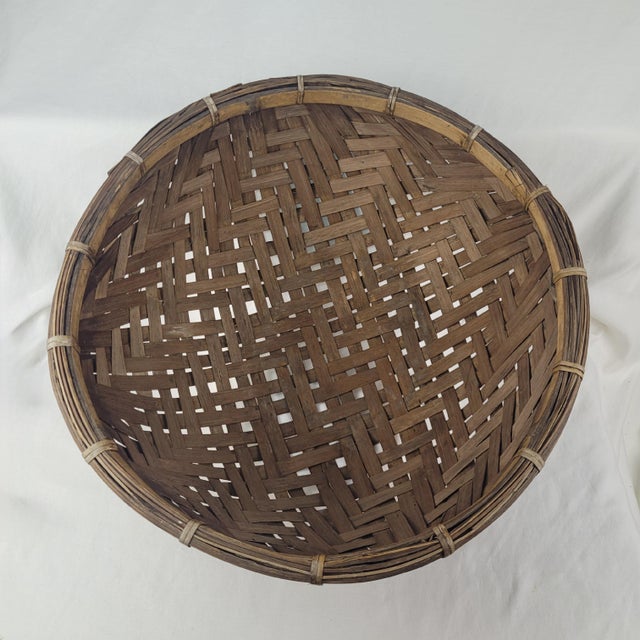 Vintage Hand Woven Bamboo Winnowing Basket Deep Round Rustic Boho Farmhouse For Sale - Image 6 of 9