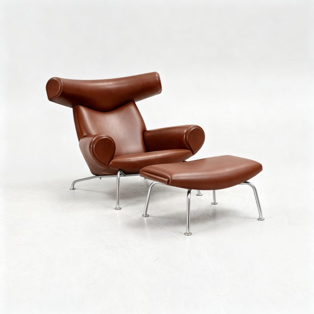 Mid-Century Modern Hans J Wegner Ox Chair and an Ottoman for Erik Jørgensen Denmark For Sale - Image 3 of 14