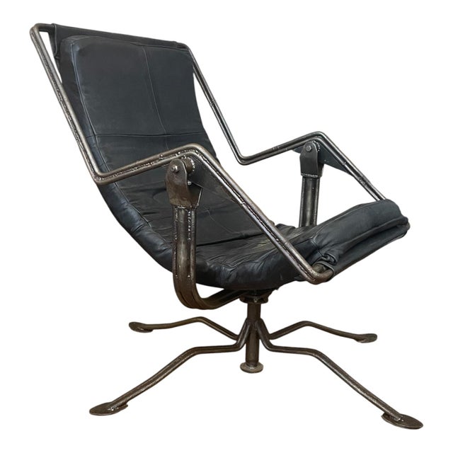 Architectural Motorcycle Leather Rocker Lounge Chair W/Ottoman Attributed to Joshua Height For Sale - Image 12 of 14