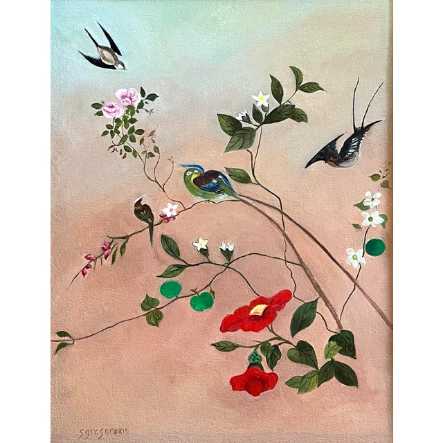 The School of Paris Oil Painting of Exotic Birds by Satori Gregorakis For Sale - Image 3 of 3