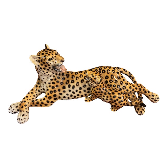 Vintage Ronzan Italian Ceramic Leopard & Cub Sculpture – Model 3/755 [Cm] For Sale