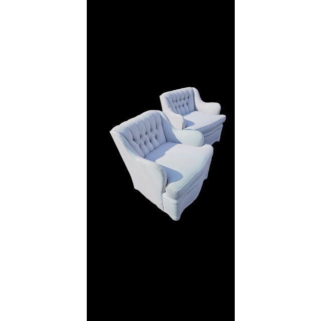 1950s Art Deco/Hollywood Regency Tufted Pin Stripe Club Chairs For Sale - Image 10 of 11