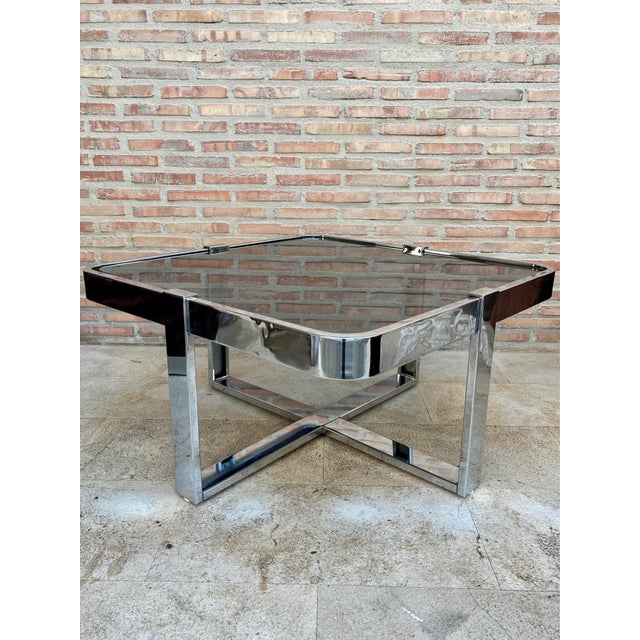 Mid 20th Century Square Smoked Glass and Steel Coffee or Side Table with Four Nesting Stools, 197 For Sale - Image 12 of 18