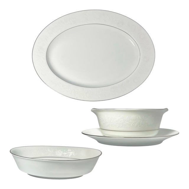 1980s Noritake “Ranier” 3-Piece Bone China Dinnerware Serving Hostess Set For Sale