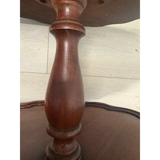 Vintage Mid Century Three-Tier Oak Dumbwaiter Pie Table With Deep Scalloped Shelves & Brass Paw Feet For Sale - Image 11 of 12