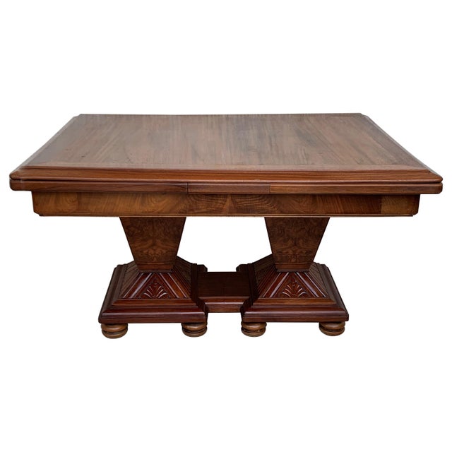 Square Extendable Art Deco Dining Table With TwoBurl Walnut Pedestals
