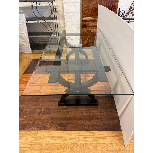Contemporary Sculptural Trestle Wood + Glass Dining Table For Sale - Image 11 of 12