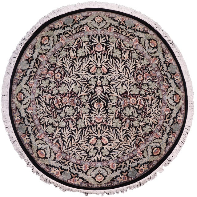 Boho Chic Botanical 1990's Pak-Persian Black/Grey Wool Round Rug- 6'0'' X 6'1'' For Sale - Image 9 of 9