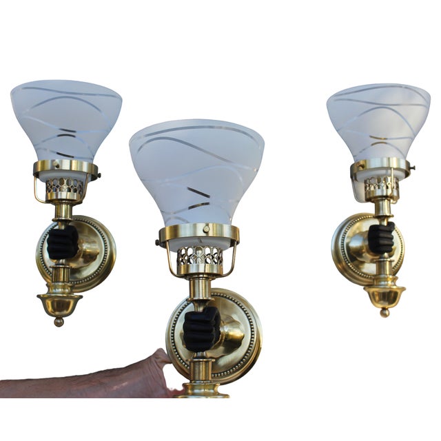 The glass shades are not original. Safely and professionally rewired. Ready to install. Design Features: Maison Jansen...