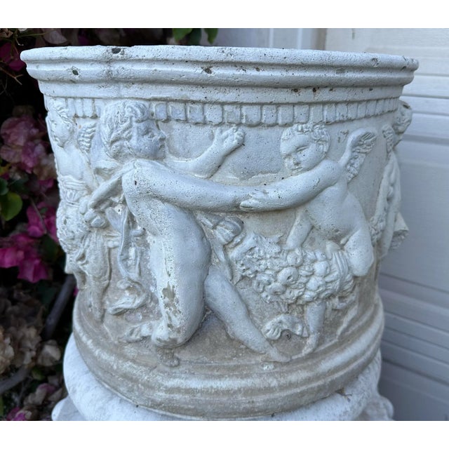 White Antique Round White Cement Relief Cherub Planter For Sale - Image 8 of 12