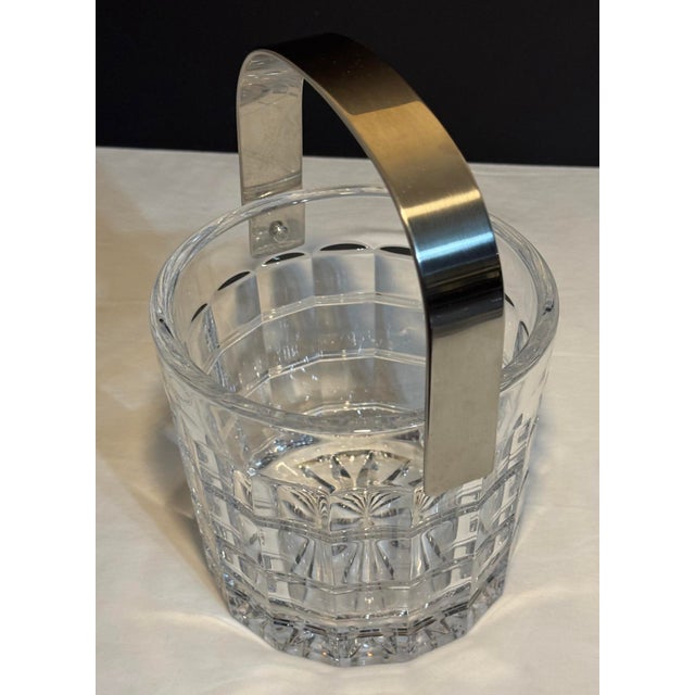 Vintage Slovenia Crystal Window Pane Pattern Ice Bucket Nickel Metal Handle For Sale - Image 9 of 11
