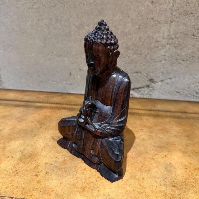 Folk Art Hand-Carved Wooden Buddha Meditation Statue Folk Art For Sale - Image 3 of 13