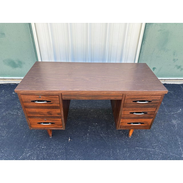 1970s Mid-Century Modern Walnut Kneehole Tanker Desk For Sale - Image 10 of 12