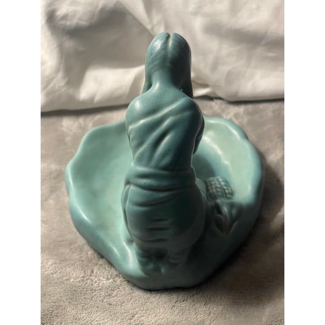 Van Briggle Pottery Vintage Ming Blue Native American Indian Girl Grinding Corn Maize For Sale - Image 6 of 12