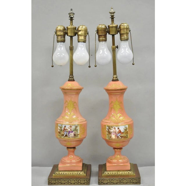 Antique French Victorian Paris Porcelain Coral Figural Painted Table Lamps, Pair For Sale - Image 14 of 14